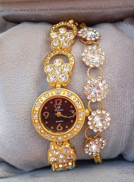 Dazzling Gold-Tone Crystal Flower Bracelet Watch